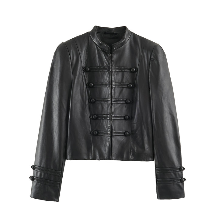 Damen Cropped-Lederoptik-Jacke im militärisch inspirierten Design mit Stehkragen und Zierdöbeln Drune