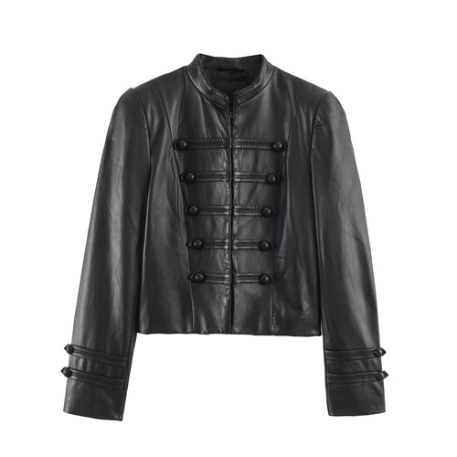 Damen Cropped-Lederoptik-Jacke im militärisch inspirierten Design mit Stehkragen und Zierdöbeln Drune