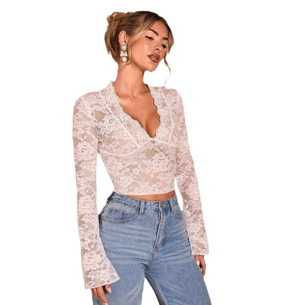 Damen nan transparente Spitzenbluse mit V-Ausschnitt, tailliert und Trompetenärmeln Drune