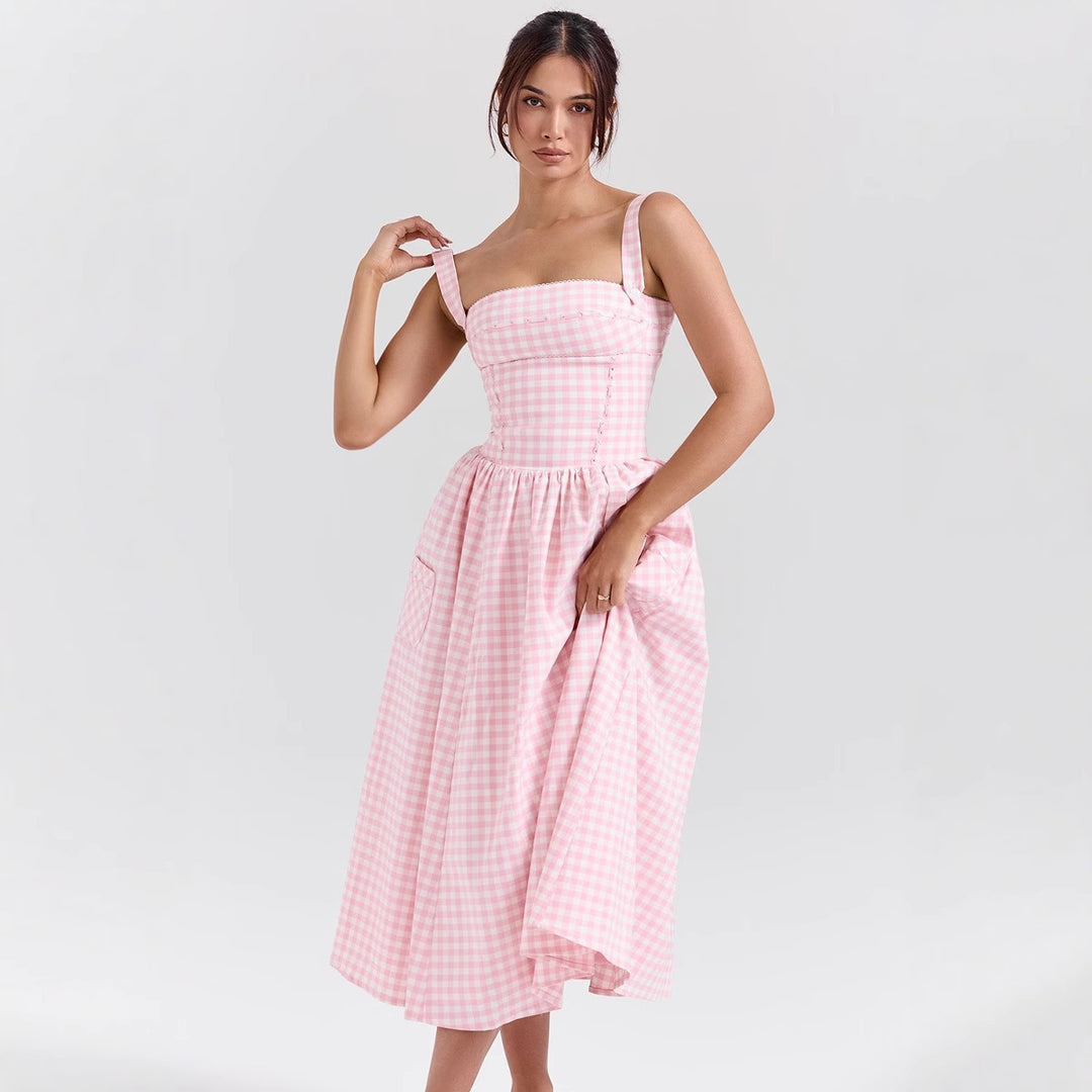 Damen Midikleid im klassischen Karomuster mit elastischem Oberteil und praktischen Taschen Drune