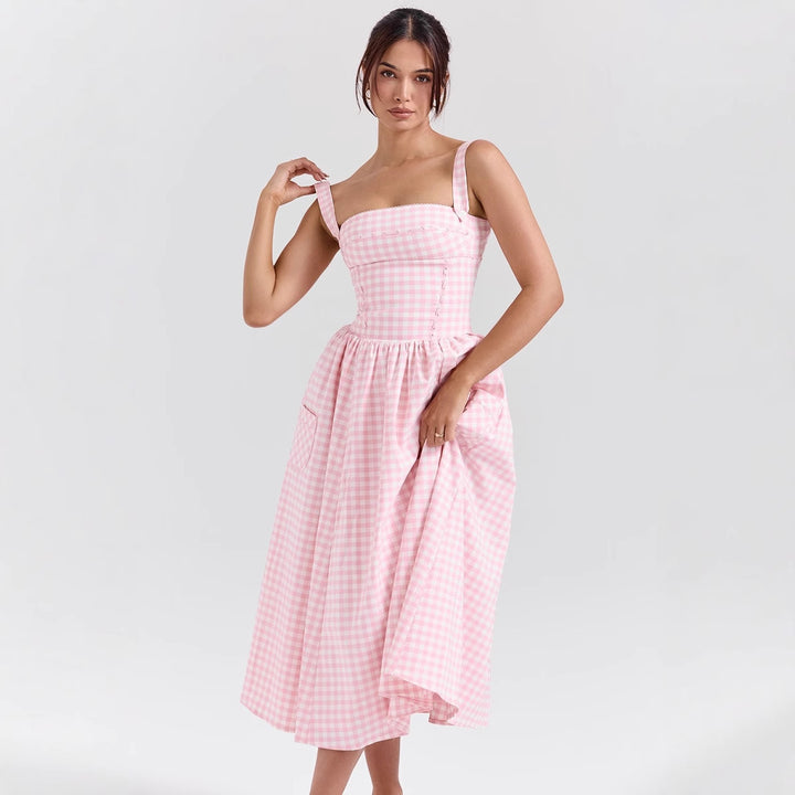 Damen Midikleid im klassischen Karomuster mit elastischem Oberteil und praktischen Taschen Drune