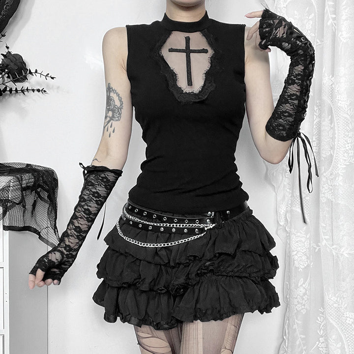 Damen elegantes Oberteil mit transparenten Einsätzen und hohem Kragen Drune