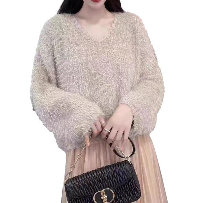 Damen Flauschiger V-Ausschnitt Pullover mit langem Arm und Glitzerfäden Drune