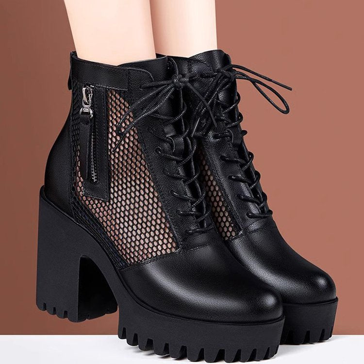 Damen Modische Plateau Stiefeletten mit Netz-Einsätzen Drune