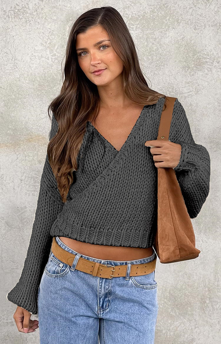 Damen modischer Wickelpullover mit tiefem V-Ausschnitt und voluminösen Ärmeln Drune