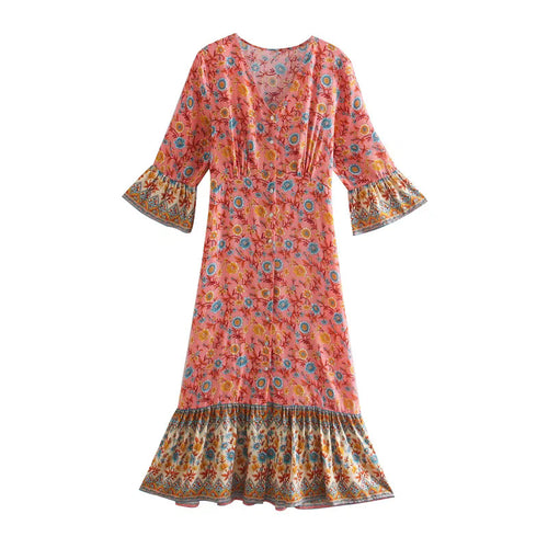 Damen Boho-Maxikleid mit V-Ausschnitt, taillierten Abnähern und Volantärmeln Drune