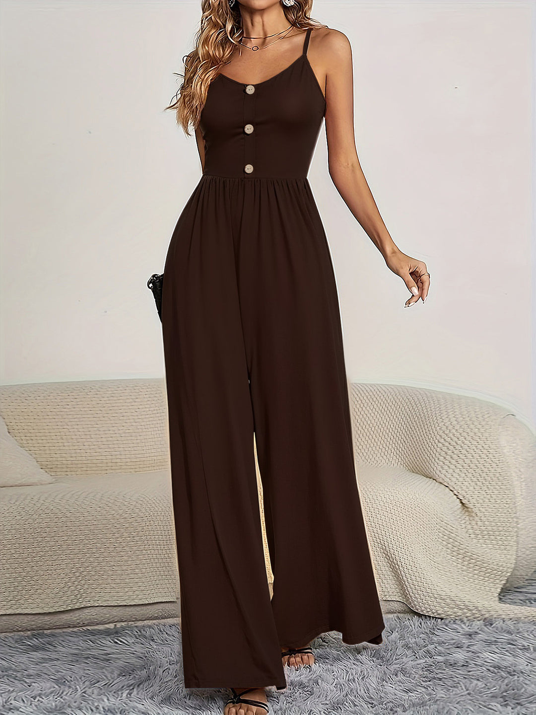 Damen Jumpsuit mit knöpfbarem Oberteil und weitem Bein Drune