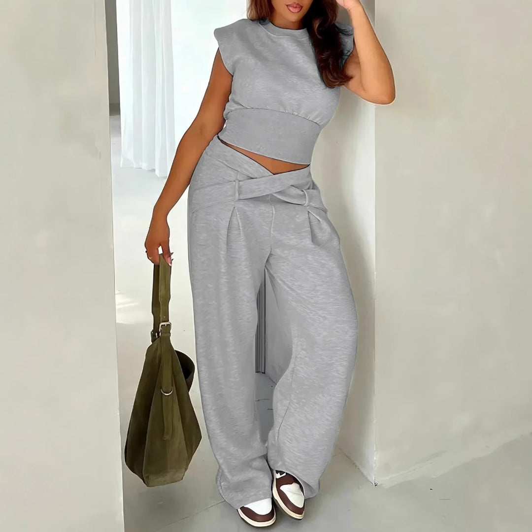 Damen Weite High-Waist-Hose mit Wickelbund, Ziergürtel und Bundschnitt Drune