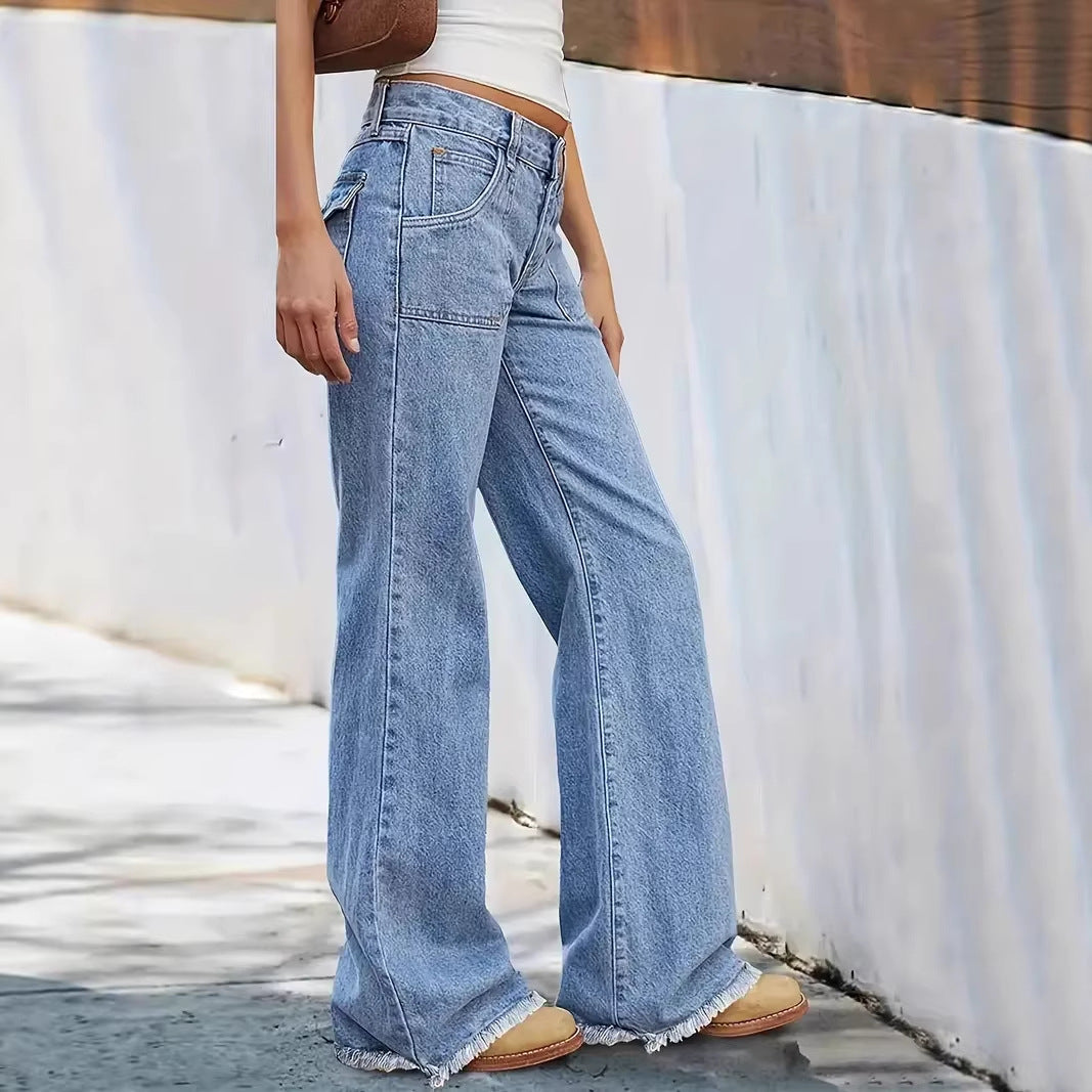 Damen weit geschnittene Jeans mit fransigem Saum Drune