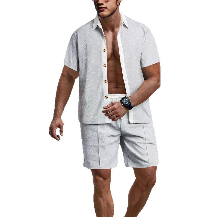 Herren nan modernes Freizeit-Set aus feinem Strukturjersey mit Hemdkragen-Knopfleiste und Kordel-Shorts Drune