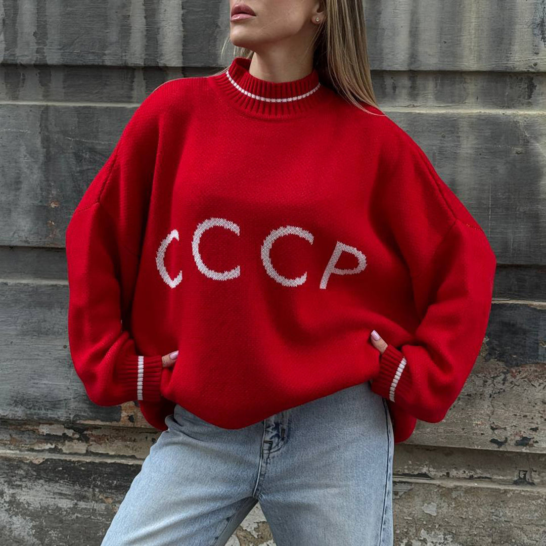 Damen lockerer Strickpullover mit Retro-Print Drune