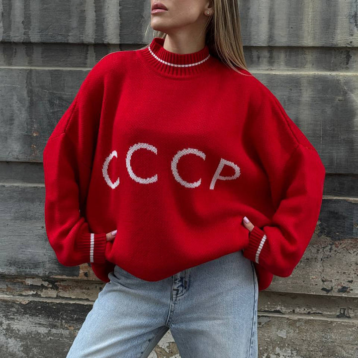 Damen lockerer Strickpullover mit Retro-Print Drune