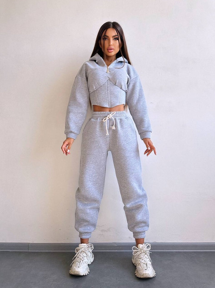 Damen Crop-Kapuzenjacke mit Korsagennaht und High-Waist Jogginghose Drune