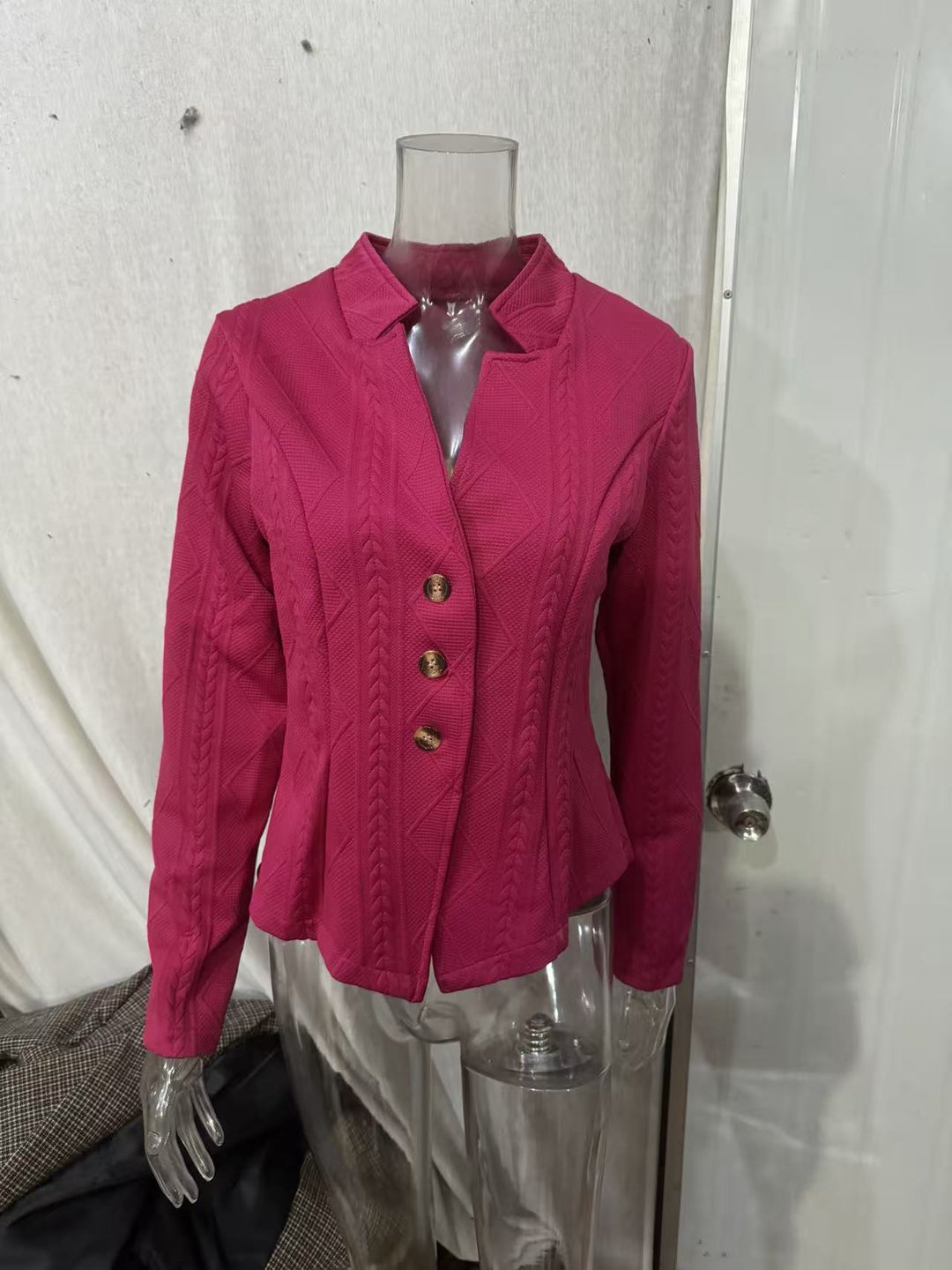 Damen nan strukturierter Blazer mit Zopfmuster und Stehkragen Drune
