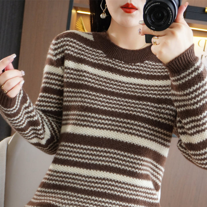 Damen Kuscheliger Streifenpullover aus Mohair‑Optik mit kastiger Passform und Rundhalsausschnitt Drune