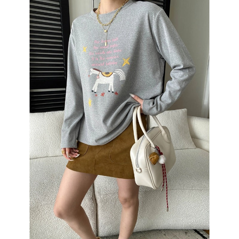 Damen Gemütlicher Sweatshirt mit farbenfrohem Einhorn-Print und Rundhalsausschnitt Drune