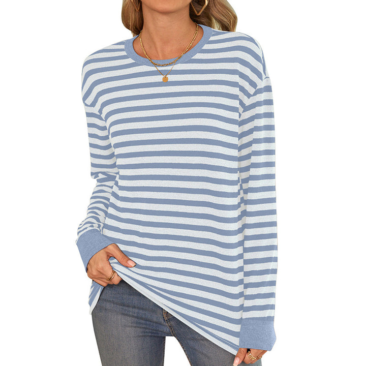 Damen bequemes Langarmshirt mit gestreiftem Design und Rundhalsausschnitt Drune
