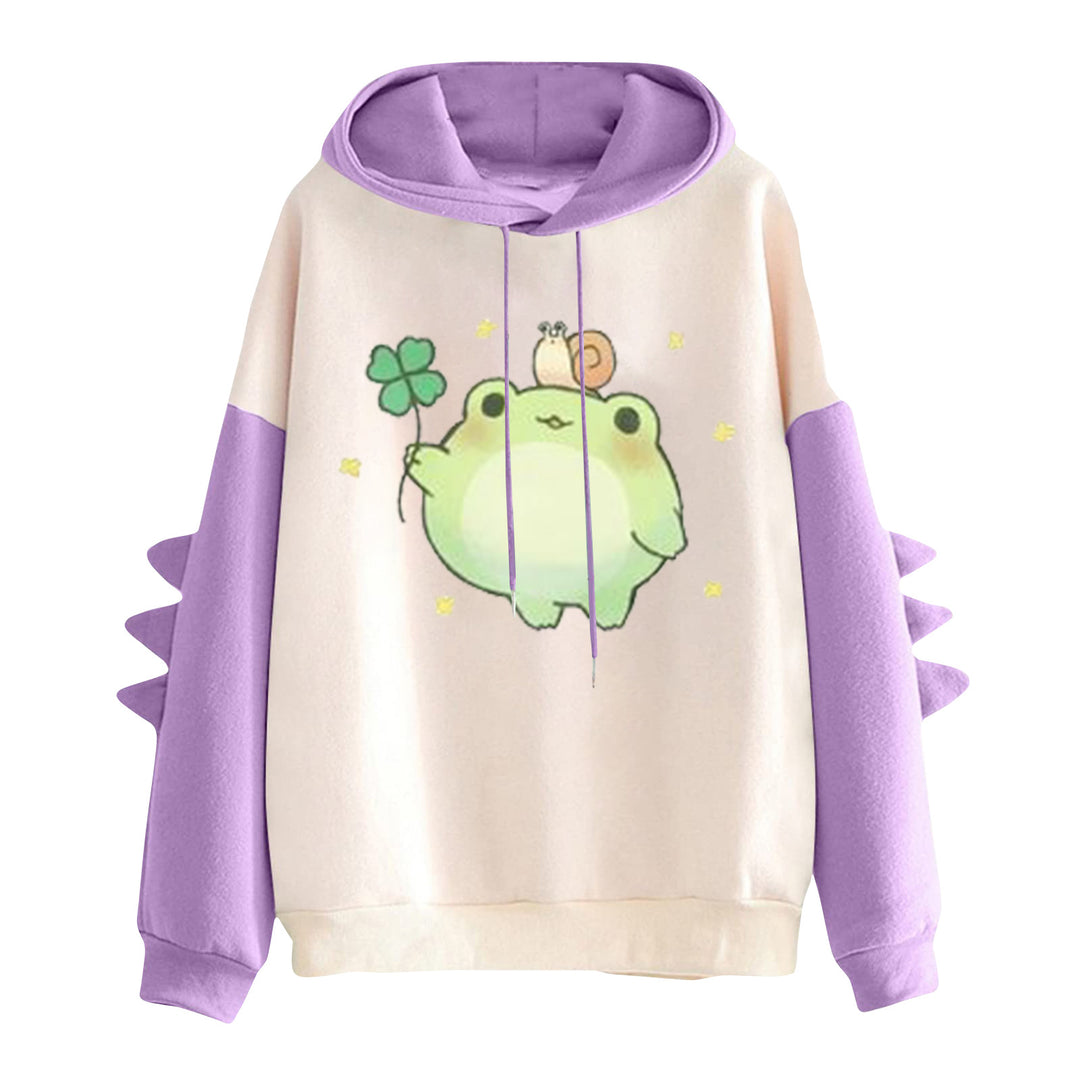 Damen nan Kapuzenpullover mit niedlichem Frosch-Motiv, Kängurutasche und volumigen Ärmelapplikationen Drune