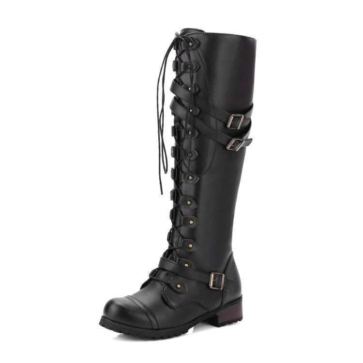 Damen nan kniehohe Schnürstiefel im Militär-Vintage Stil mit dekorativen Riemen und verstellbaren Schnallen Drune