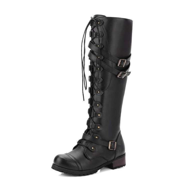 Damen nan kniehohe Schnürstiefel im Militär-Vintage Stil mit dekorativen Riemen und verstellbaren Schnallen Drune