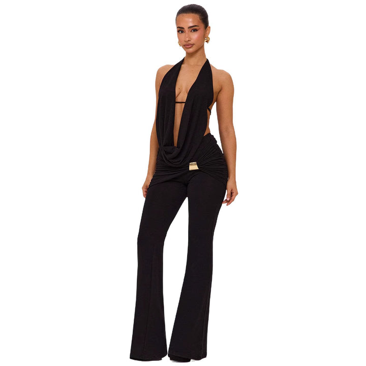 Damen elegantes, figurbetontes Jumpsuit mit tiefem Ausschnitt und weitem Bein Drune