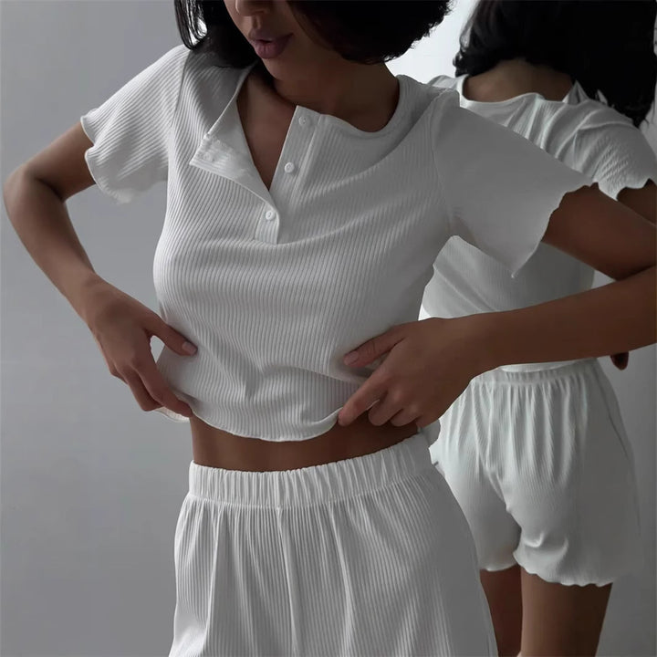 Damen Pyjama-Set mit elastischem Taillenschnitt und Knopfdetails