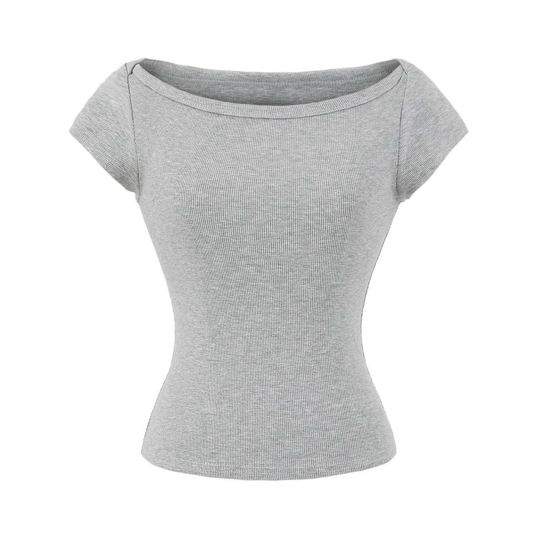 Damen figurbetontes Kurzarmshirt mit weitem Rundhalsausschnitt und feiner Rippstruktur Drune
