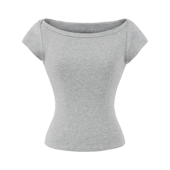 Damen figurbetontes Kurzarmshirt mit weitem Rundhalsausschnitt und feiner Rippstruktur Drune