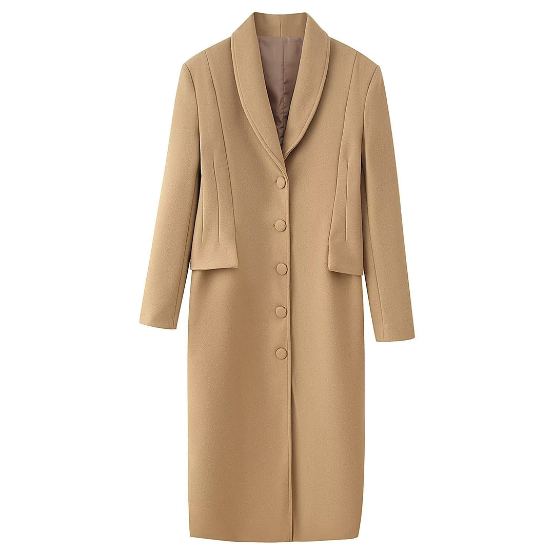 Damen Taillierter Longline-Wollmix-Mantel mit Schalkragen und verdeckter Knopfleiste Drune