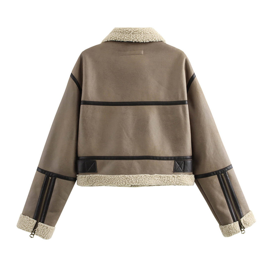 Damen lässige Lederjacke mit Teddyfellkragen und verstellbarem Gürtel Drune