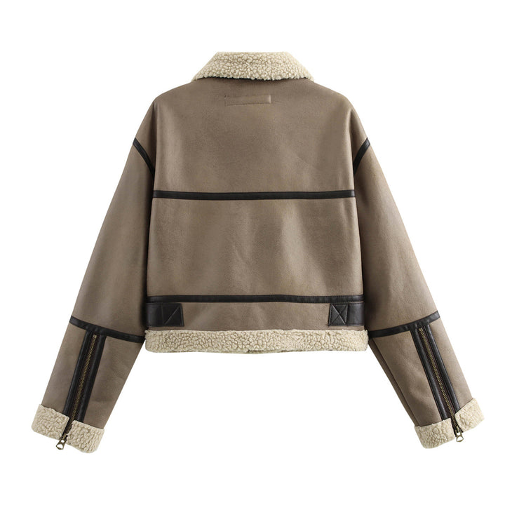 Damen lässige Lederjacke mit Teddyfellkragen und verstellbarem Gürtel Drune