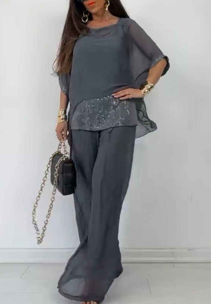 Damen Eleganter Zweiteiliger Hosenanzug mit funkelndem Oberteil Drune
