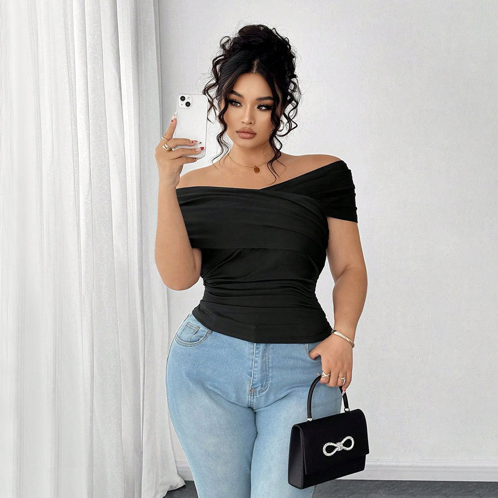 Damen elegantes Wickeloberteil mit schulterfreiem Design und Raffung Drune