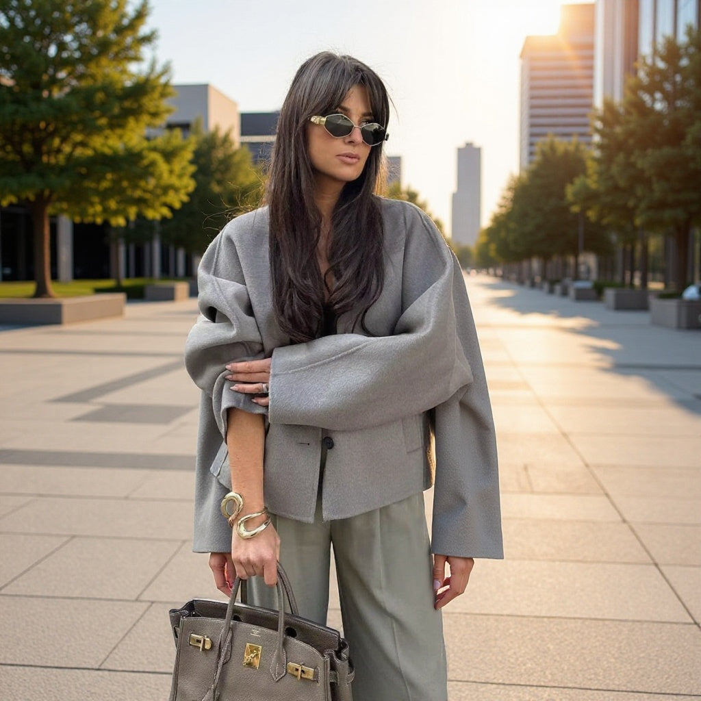 Damen Kurzmantel aus Wollmix mit Oversize‑Silhouette, V‑Ausschnitt und Zweiknopfverschluss Drune