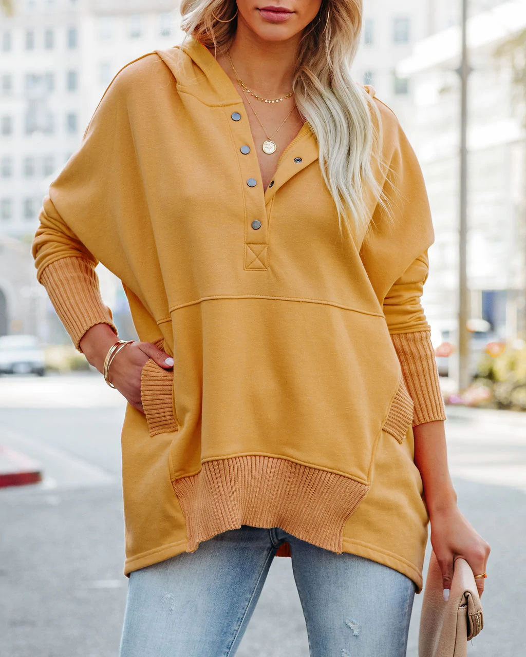 Damen Oversized Kapuzenpullover mit Knopfleiste und seitlichen Eingrifftaschen Drune