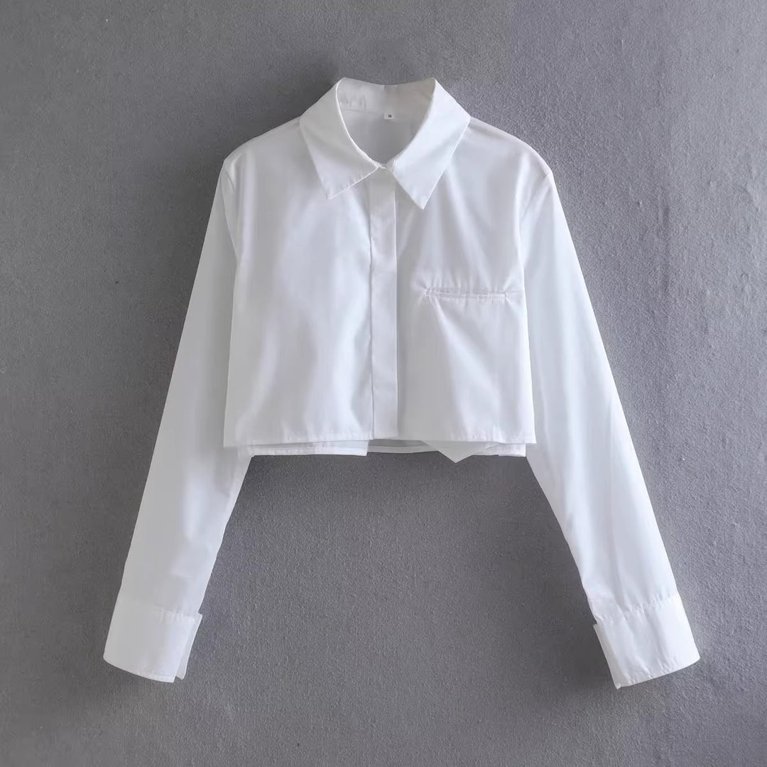 Damen cropped Bluse mit klassischem Kragen Drune