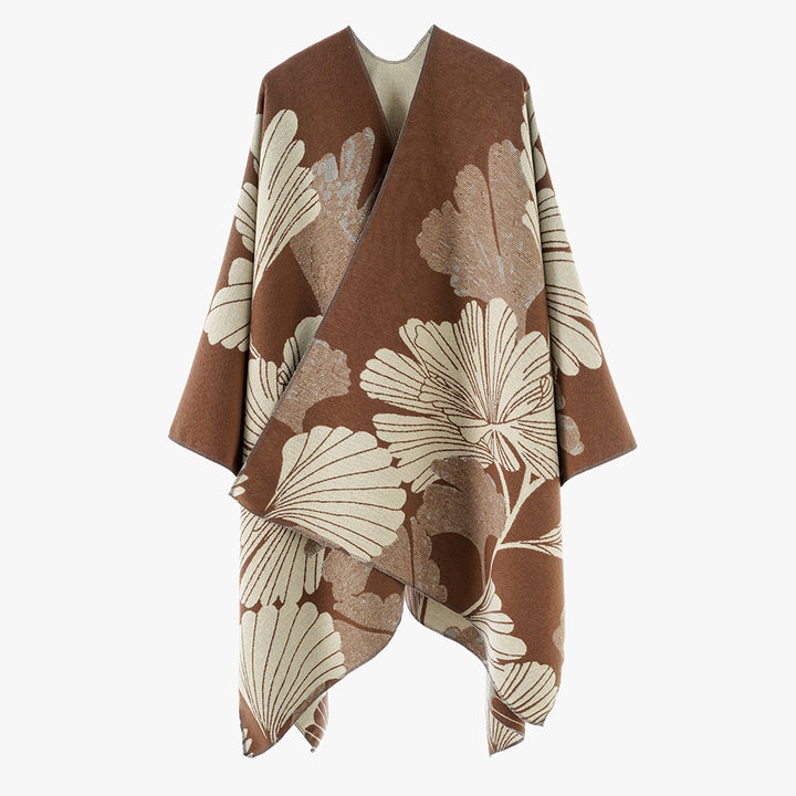 Damen Jacquard‑Capeponcho mit großflächigem Blatt‑Jacquard und offenem Wickelschnitt Drune