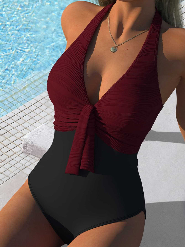Damen Einteiliger Badeanzug mit ruftiger Chiffon-Oberfläche und elegantem Knoten-Detail Drune