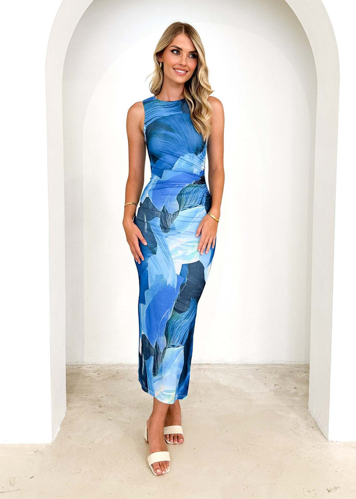 Damen Elegantes Bodenlanges Kleid mit modernem Aquarellmuster und figurbetontem Schnitt Drune