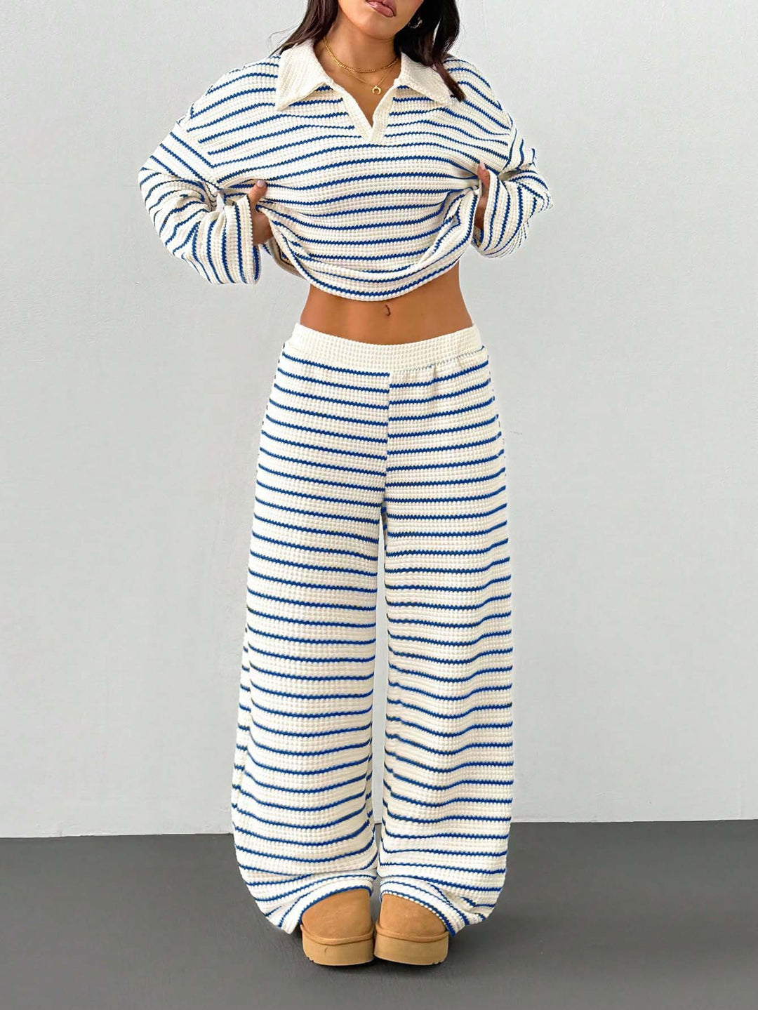 Damen Gestreiftes Strick-Set aus Polokrippenpullover und weiten Palazzo-Strickhose Drune