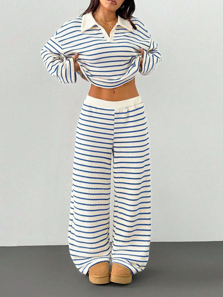 Damen Gestreiftes Strick-Set aus Polokrippenpullover und weiten Palazzo-Strickhose Drune