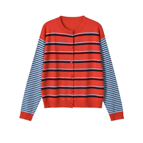 Damen gestreifte Baumwollmix-Strickjacke mit Kontrastärmeln und durchgehender Knopfleiste Drune