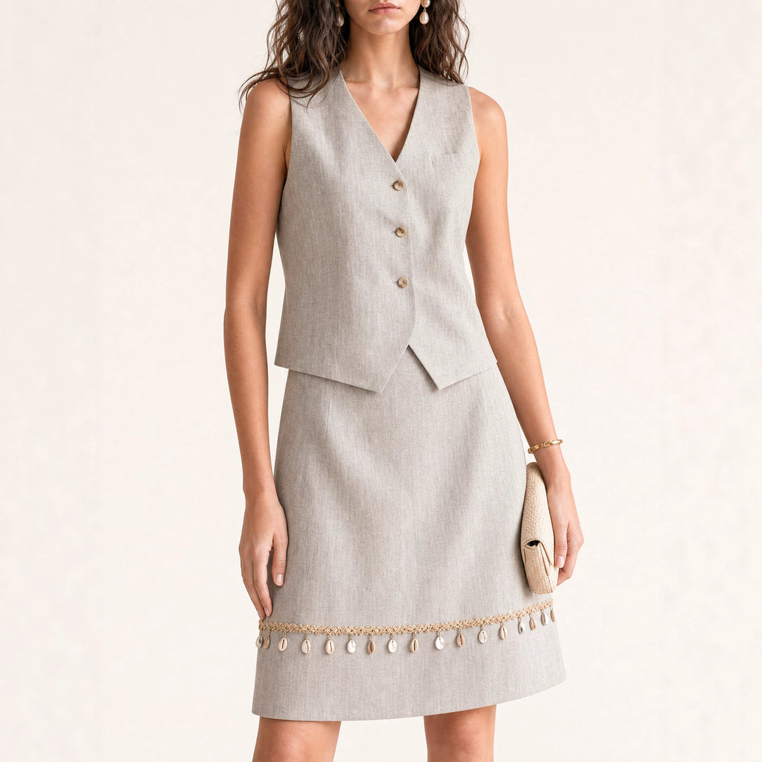 Damen Eleganter Leinenrock mit Zierperlen Drune