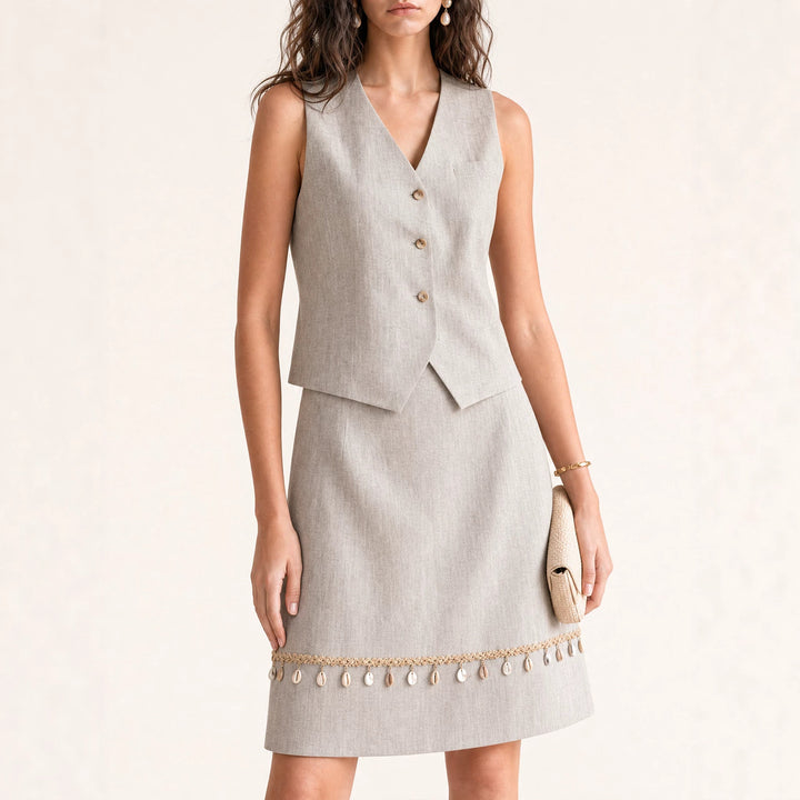 Damen Eleganter Leinenrock mit Zierperlen Drune