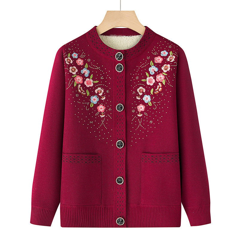 Damen nan bestickte Strickjacke mit Rundhals, aufgesetzten Taschen und dekorativer Knopfleiste Drune