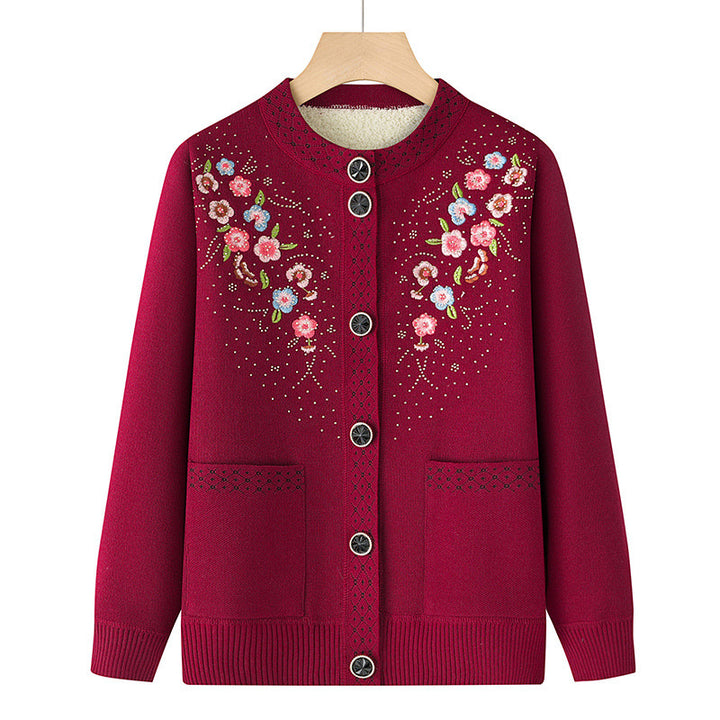 Damen nan bestickte Strickjacke mit Rundhals, aufgesetzten Taschen und dekorativer Knopfleiste Drune