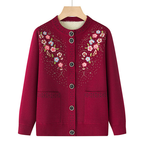 Damen nan bestickte Strickjacke mit Rundhals, aufgesetzten Taschen und dekorativer Knopfleiste Drune