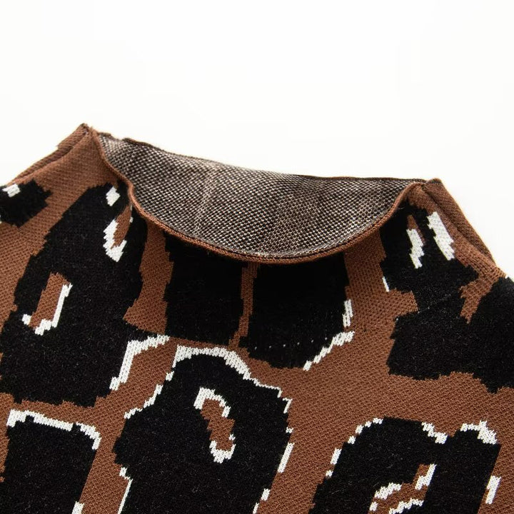 Damen Oversize Strickpullover mit Stehkragen und Jacquard-Leopardenmuster Drune