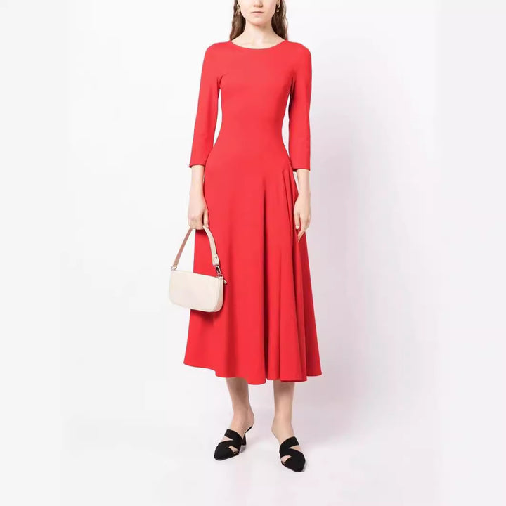 Damen Elegantes Midikleid mit tailliertem A-Linien-Schnitt und dreiviertel Ärmeln Drune