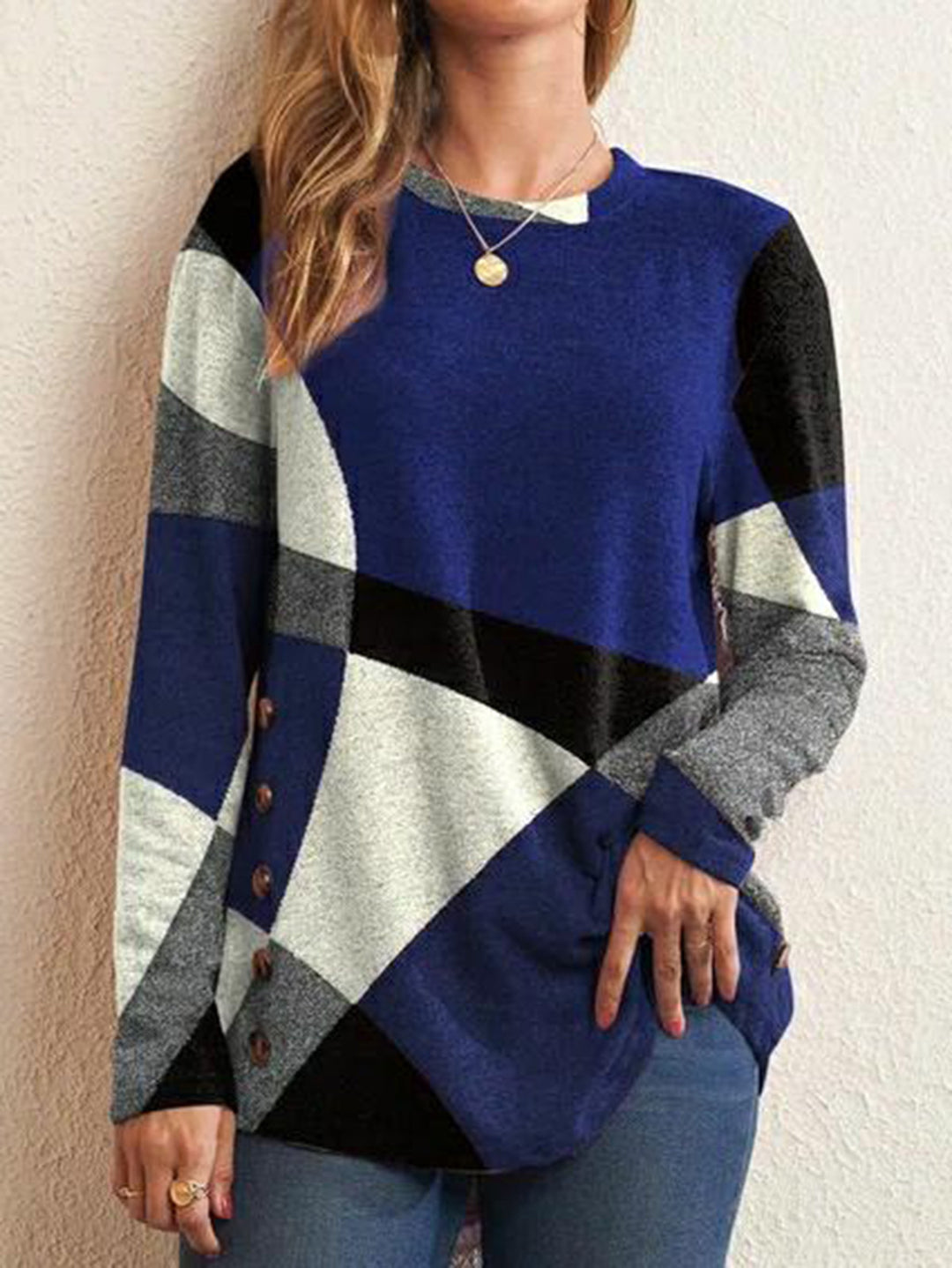 Damen Oversize Langarm Tunika mit geometrischem Farbschema